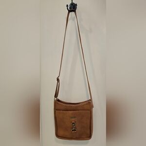 Mudd Tan Crossbody Bag Adjustable Strap Lots Of Pockets Floral Lining